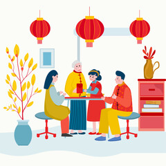 Happy Chinese family enjoying reunion dinner at a round table with traditional food and red envelopes. Flat vector illustration of Lunar New Year celebration and togetherness.