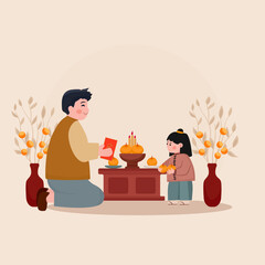 Father and daughter performing ancestor worship rituals with offerings and red envelopes. Flat vector illustration of traditional Chinese spiritual customs and family heritage