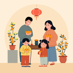 Parents and children holding oranges and red envelopes near kumquat trees for Lunar New Year. Vector illustration of family preparing for prosperity and luck in Spring Festival.