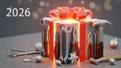 A red gift box with tools inside, with a ribbon and a light inside, against a silver background with a star and a bow.