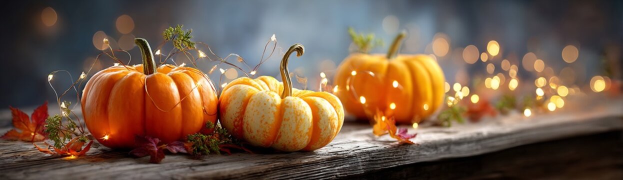 Ultra wide autumn seasonal background pumpkins on wooden surface warm fairy lights rustic fall atmosphere shallow depth of field cozy harvest mood premium stock photography style