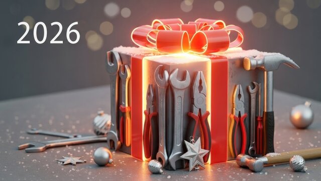 A red gift box with tools inside, with a ribbon and a light inside, against a silver background with a star and a bow.