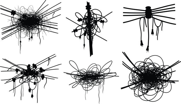Tangled wire, cable silhouette, plug chaos, black vector, electric clutter, abstract shape, connector mess, power cord, tech confusion, wiring disorder