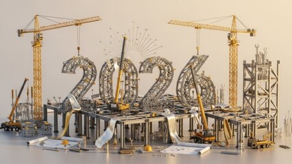 A construction site with cranes, scaffolding, and machinery, celebrating the year 2026.