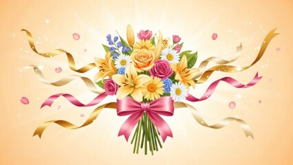 Obraz premium A vibrant bouquet of flowers with ribbons, including lilies, roses, and daisies, set against a soft, gradient background.