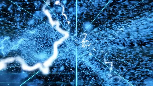 A dense stream of vibrant electric blue particles flowing smoothly across a dark digital grid background creating maximal energy cosmic, speed, particle