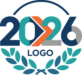 Modern 2026 logo design featuring stylized geometric typography in dark blue, teal, and orange.