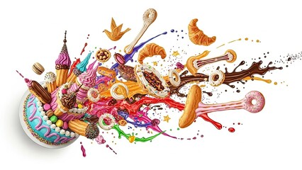 Obraz premium Explosion of Colorful Sweets and Pastries with Chocolate Splash