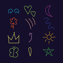 Colorful Hand-Drawn Doodle Elements, Hearts, Crown, Sun and Fun Lines