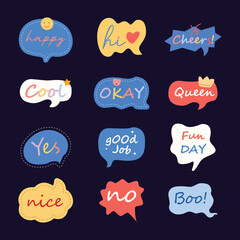 Cute Speech Bubble Stickers, Happy, Cool, Okay and Fun Words
