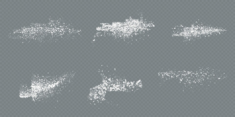 Sugar or salt powder piles set isolated on transparent background. Vector realistic illustration of white dry substance scattered on surface, ground food seasoning,