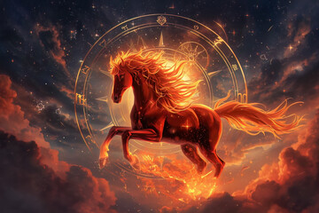 Epic black fire horse galloping through a cosmic sky, surrounded by glowing stars, constellations and ancient astrological symbols. Red and gold flames illuminate its dark silhouette as the glowing nu
