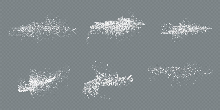 Sugar or salt powder piles set isolated on transparent background. Vector realistic illustration of white dry substance scattered on surface, ground food seasoning,