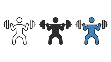 weightlifting gym icon set. minimalist weightlifting icon set showing person lifting barbell in three styles