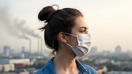 Air pollution awareness video of woman wearing protective mask in urban city with factory smoke background showing health risk environment crisis and modern lifestyle impact
