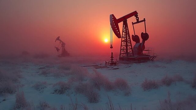 Oil pump jack working at sunset in a desert landscape.