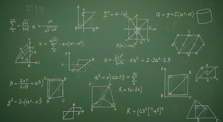 A green chalkboard filled with complex mathematical equations, geometric shapes, and graphs drawn in white chalk.