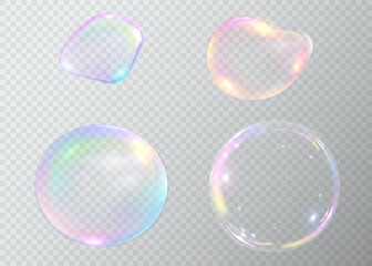 Set of realistic colorful soap bubbles. Transparent realistic soap bubbles isolated on transparent background. Vector texture. Light Gray vector cover with spots.
