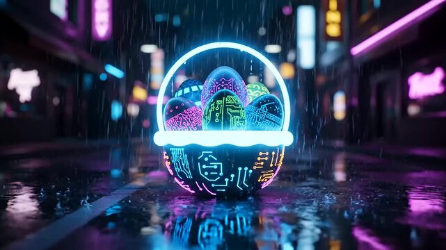 A vibrant Easter Day basket overflow with glowing, circuit-patterned eggs, illuminated by neon lights on a rainy cyberpunk city street, blending festive tradition with futuristic aesthetics.