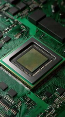 Close up of a central processing unit on a green circuit board