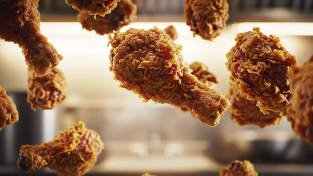 Cinematic Crispy Fried Chicken Drumsticks Floating in Slow Motion - Delicious Fast Food Commercial Background - AI Generated