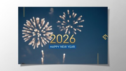 A festive fireworks display against a dark blue sky, celebrating the new year 2026.