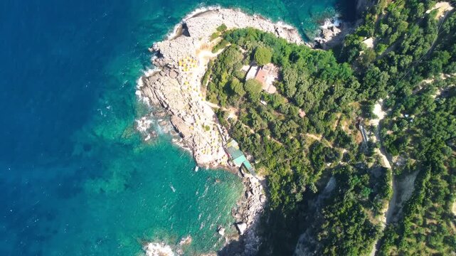 Amalfi coast from Punta Campanella near Sorrento. Amazing aerial view from drone in summer season