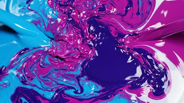 A dynamic flow of electric cyan and magenta liquid paint creating vibrant harmonic patterns as they blend seamlessly texture, gradient, seamless blend