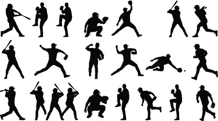 Baseball player silhouettes collection showing batting pitching throwing catching running sport action poses black vector illustration set design isolated background