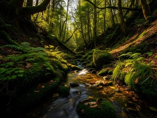 High detail pov shot of a gentle forest stream flowing through vibrant moss under a leafy canopy with sunlight creating natural dappled reflections on the water delivering a peaceful immersive wildern