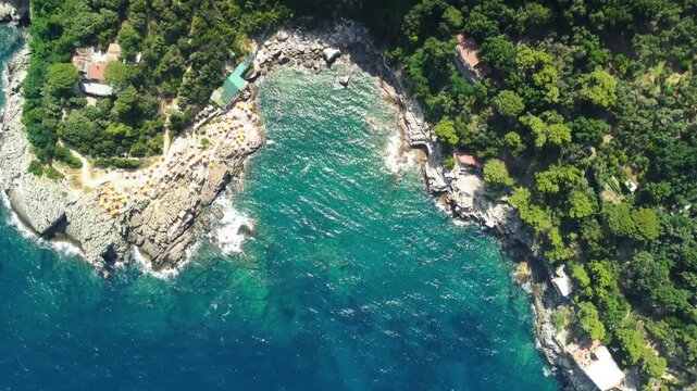 Amalfi coast from Punta Campanella near Sorrento. Amazing aerial view from drone in summer season