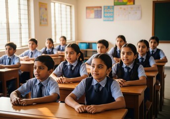Indian School Children Sitting Attentively in Classroom