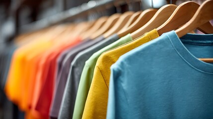 Obraz premium Close-up of colorful t-shirts hanging on wooden hangers, vibrant colors, retail scene