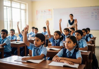 Indian school children raising hands while sitting at desks in a classroom during lesson. Primary education and learning process concept.