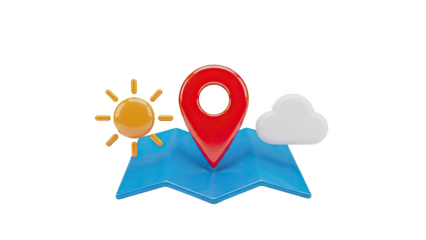 3D Location Pin, Sun, and Cloud Icons on a Map