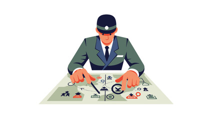 Man in Suit and Hat Studying a Strategic Map with Icons.