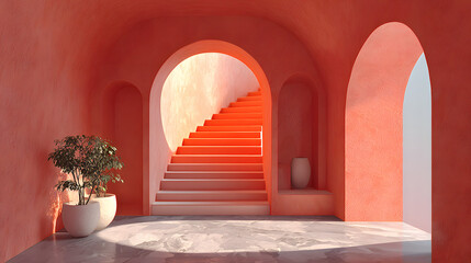 Fototapeta premium Arch and stairs in trendy minimal interior. 3d render illustration in modern geometric style. Coral pastel colors background for banners for product presentation.