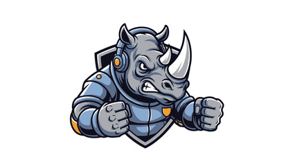 Mascot Rhino Warrior in Futuristic Armor Ready for Battle.
