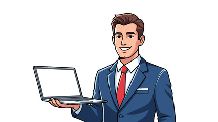 Smiling businessman holding a modern laptop computer.