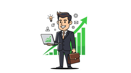 Successful businessman with laptop and briefcase in front of growth chart.