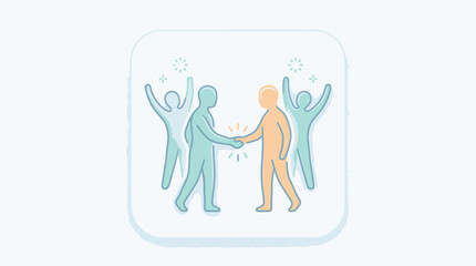 Two business people shaking hands with happy colleagues celebrating success.