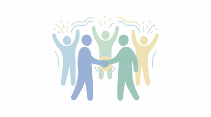 Two people shaking hands with a group celebrating behind them.