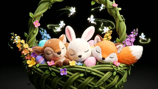 Adorable Sleeping Woodland Babies in an Easter Day Basket overflow with Spring Flowers and Eggs, illuminated by dancing fairies for a magical celebration.