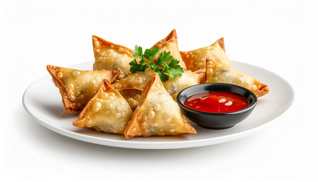 A plate of crispy, golden-brown samosas served with spicy red dipping sauce and a garnish of fresh parsley.