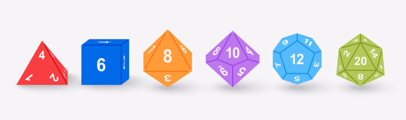 Vector illustration set of D4, D6, D8, D10, D12, D20 dice icons isolated. Polyhedral gaming dice collection for tabletop, RPG, and board game design projects.