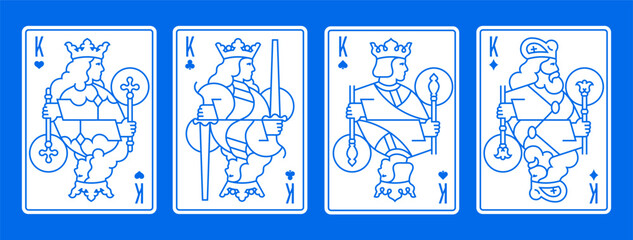 Vector illustration of a set of four King playing cards: Clubs, Diamonds, Hearts, Spades. Elegant and classic design for poker, casino, and entertainment projects.
