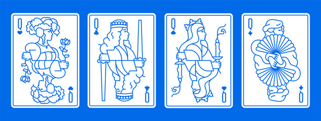 Vector illustration of a set of four Queen playing cards: Clubs, Diamonds, Hearts, Spades. Elegant and classic design for poker, casino, and entertainment projects.