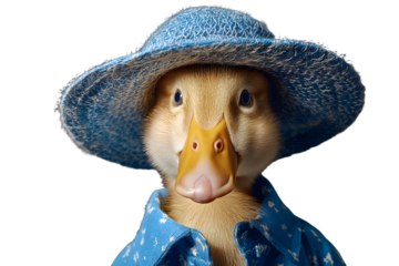 a duck wearing a blue hat and a blue shirt