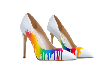 a pair of white high heel shoes with a rainbow drip