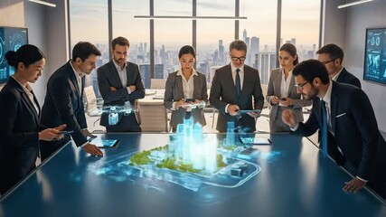 Diverse business team collaborates on futuristic holographic city model in modern boardroom. - Powered by Adobe